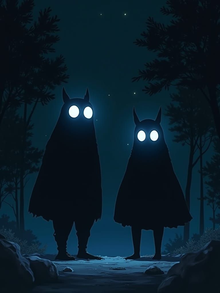 Silhouetted Figures with Torches, in Anime Style