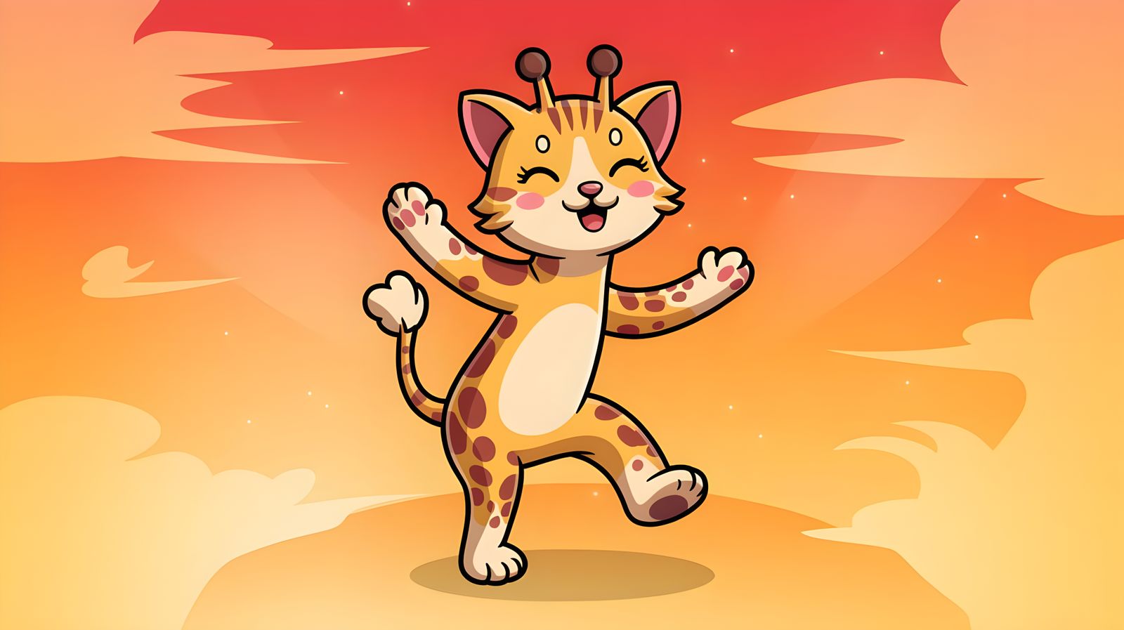 Whimsical Cartoon Cat-Giraffe Dances in Sunset