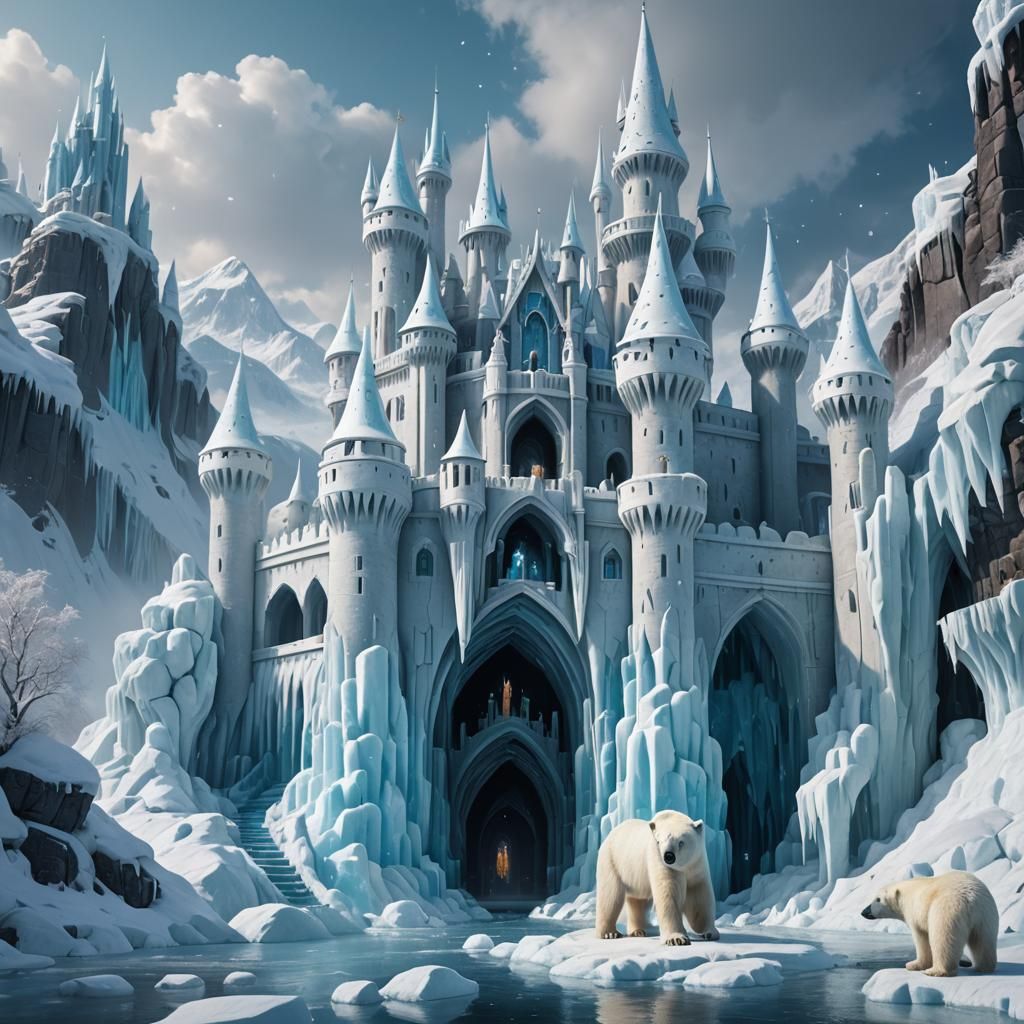 Detailed Ice Castle with Polar Bear, Fantasy Art