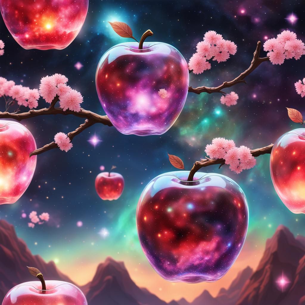 Glass Apples with Sakura Blossoms in Space