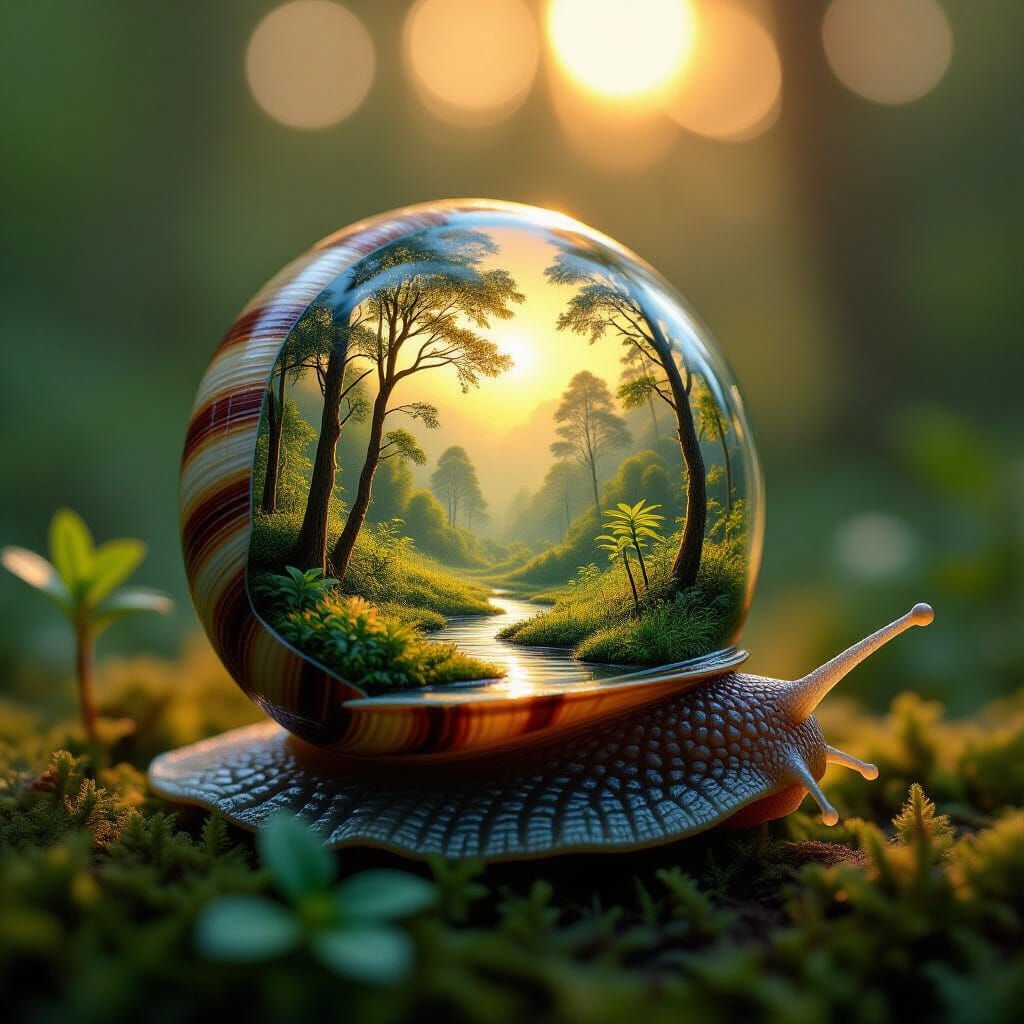 Miniature Rainforest Snail Shell Scene in Golden Hour Light