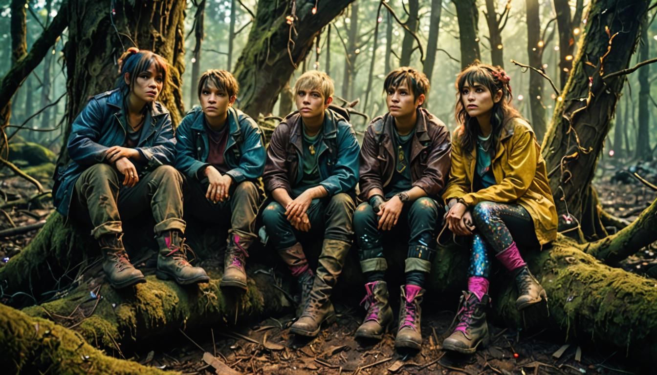 A group of kids sitting in an enchanted forest