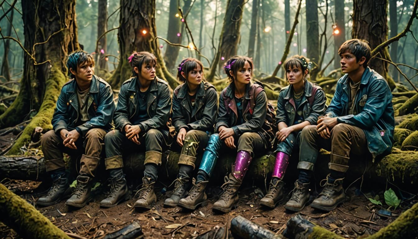 A group of kids sitting in an enchanted forest