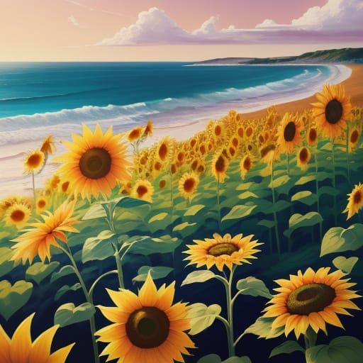 Gigantic Sunflower by the Seaside in Whimsical Gouache Style