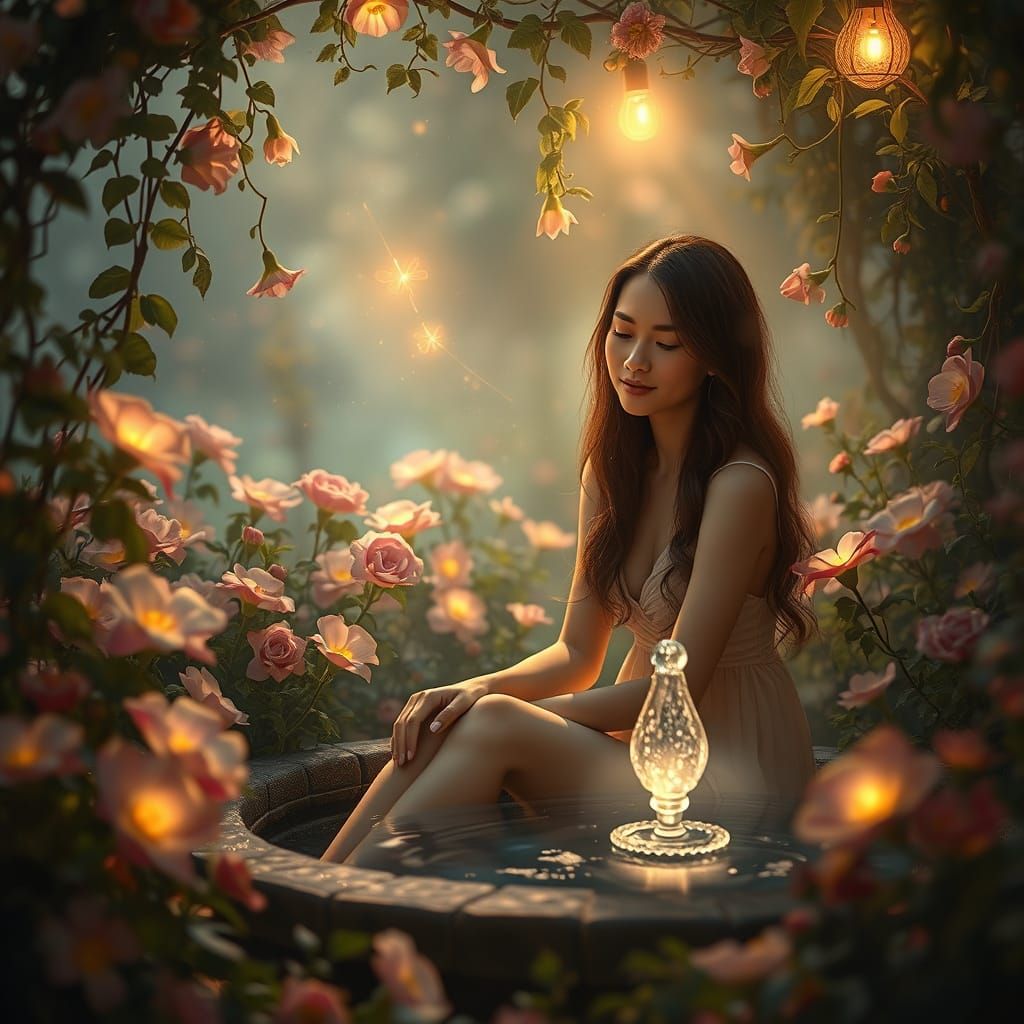 Dreamy Garden Scene in Whimsical Watercolor Style