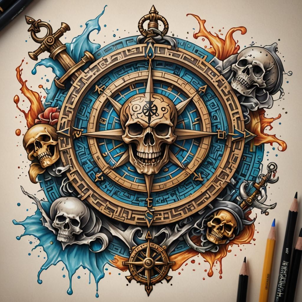 Tattoo Design: Compass, Maze, Anchor, and Pirate Skulls