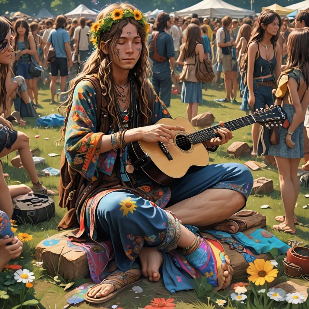 Beautiful Hippy at Woodstock in 3D Anime Art