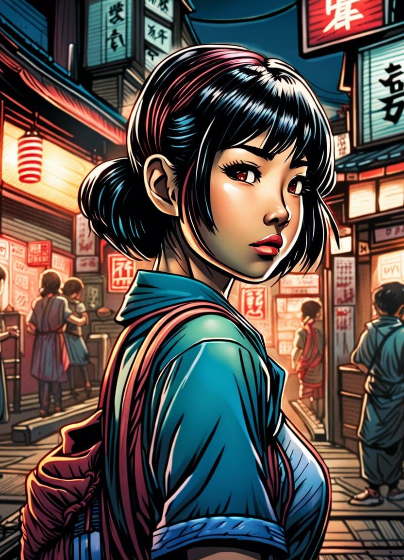 Cute Japanese Girl in Retro Anime Comic Art