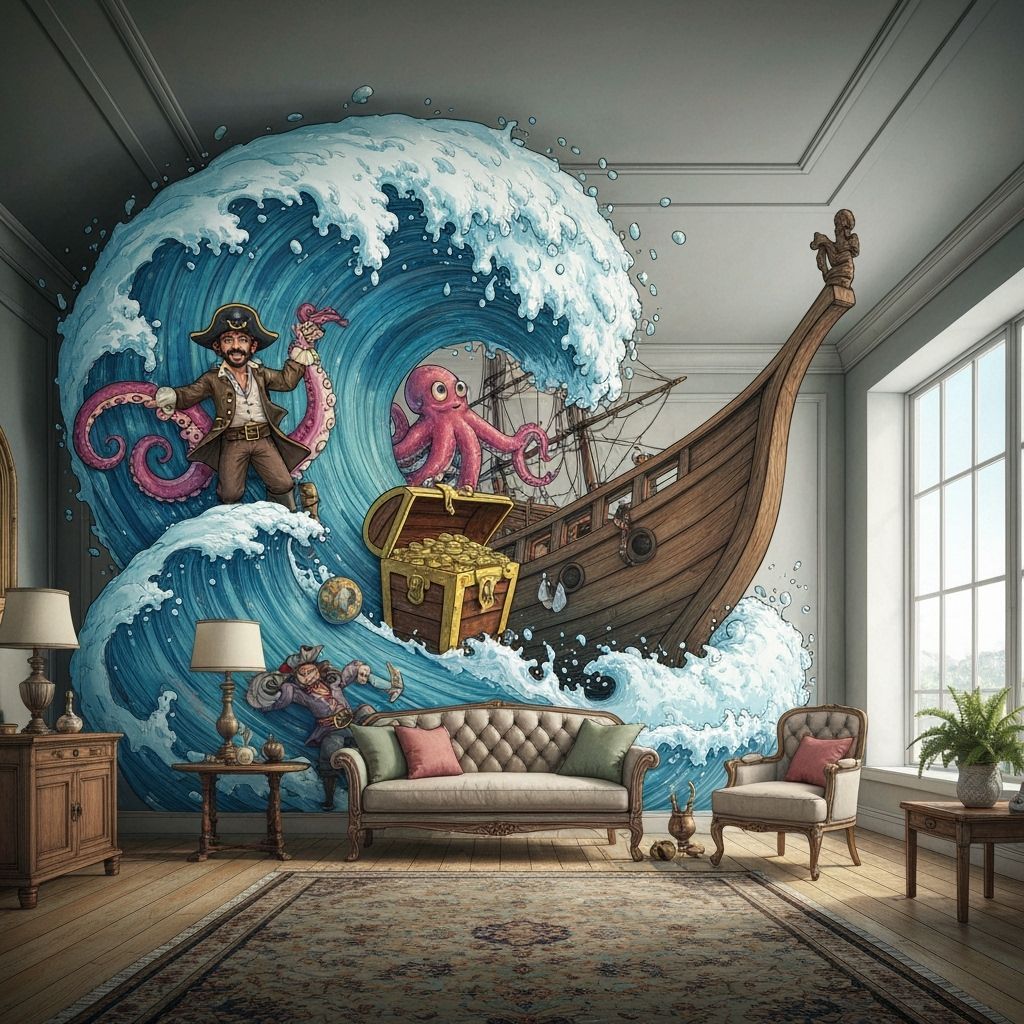 Whimsical Wave Deluges Living Room with Pirates and Treasure