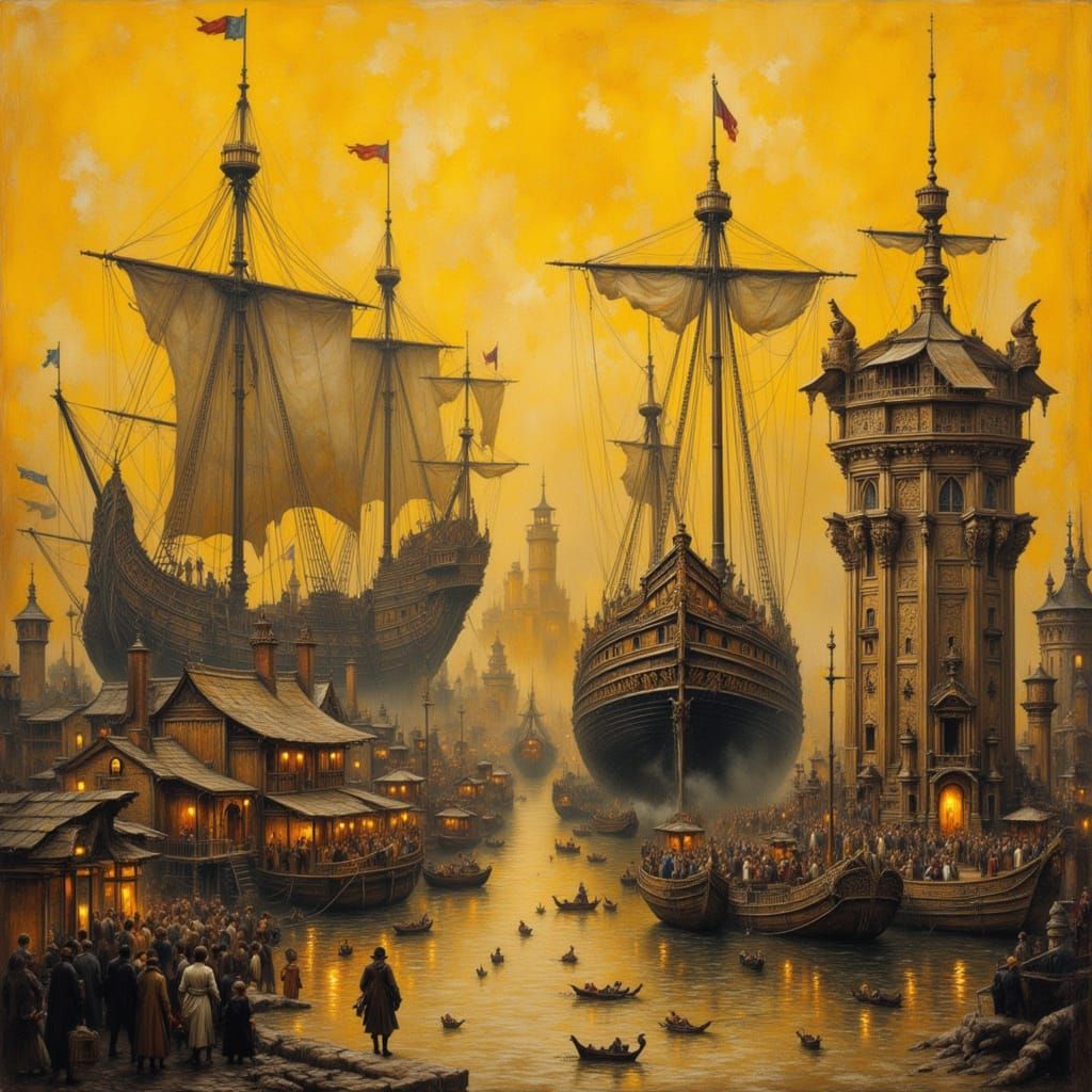 Ancient Port in Golden Age, Digital Impasto Painting