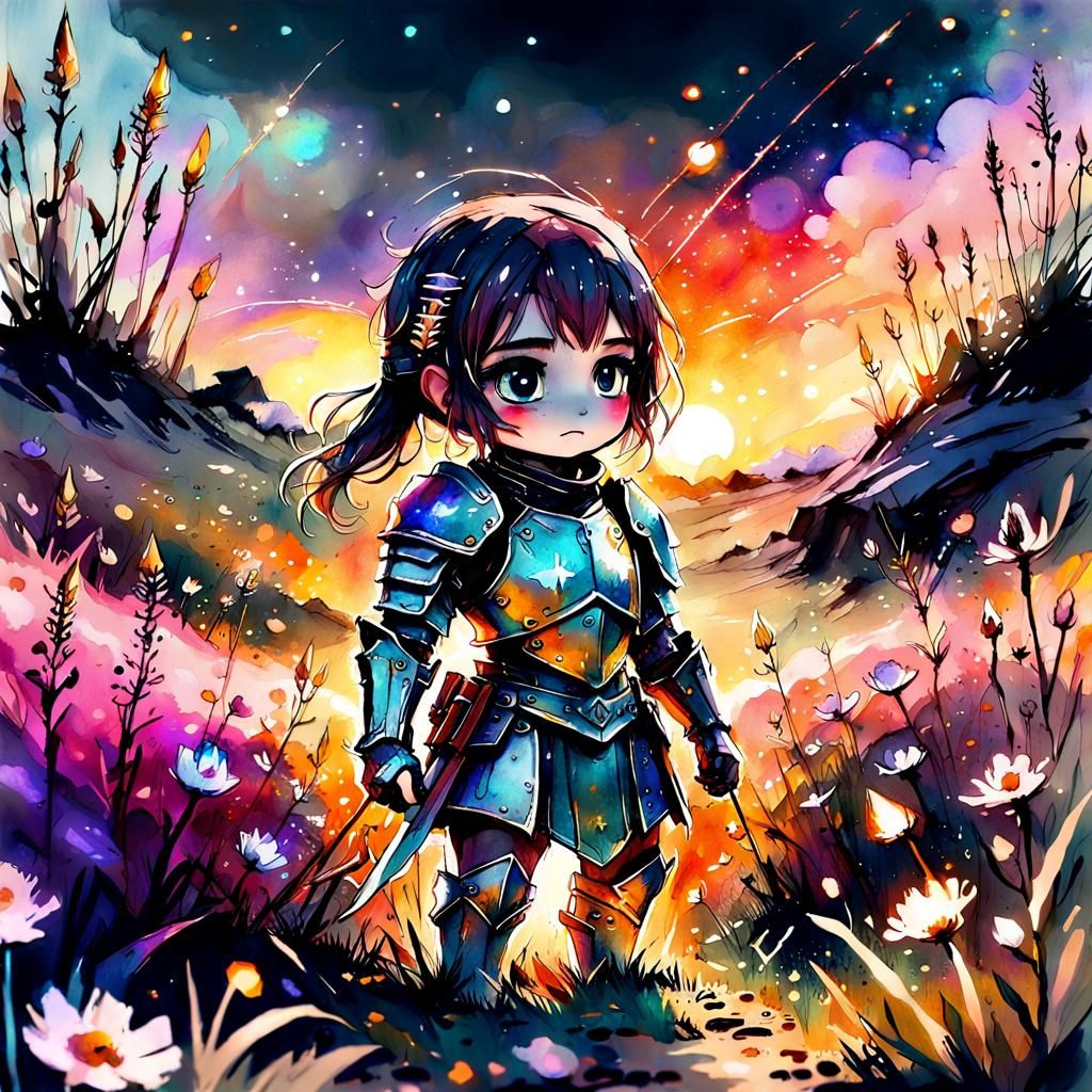 Chibi Knight in Wildflower Field, Digital Watercolor