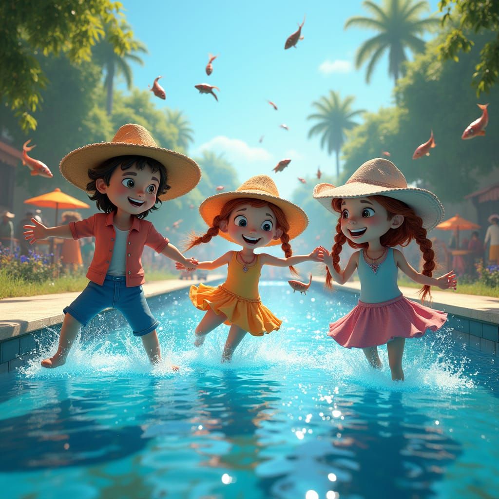 Children Dancing on Magical Water with Giant Feet and Smiles