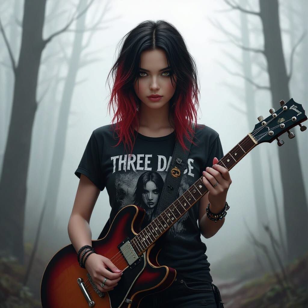 Moody Girl in Misty Woods with Guitar
