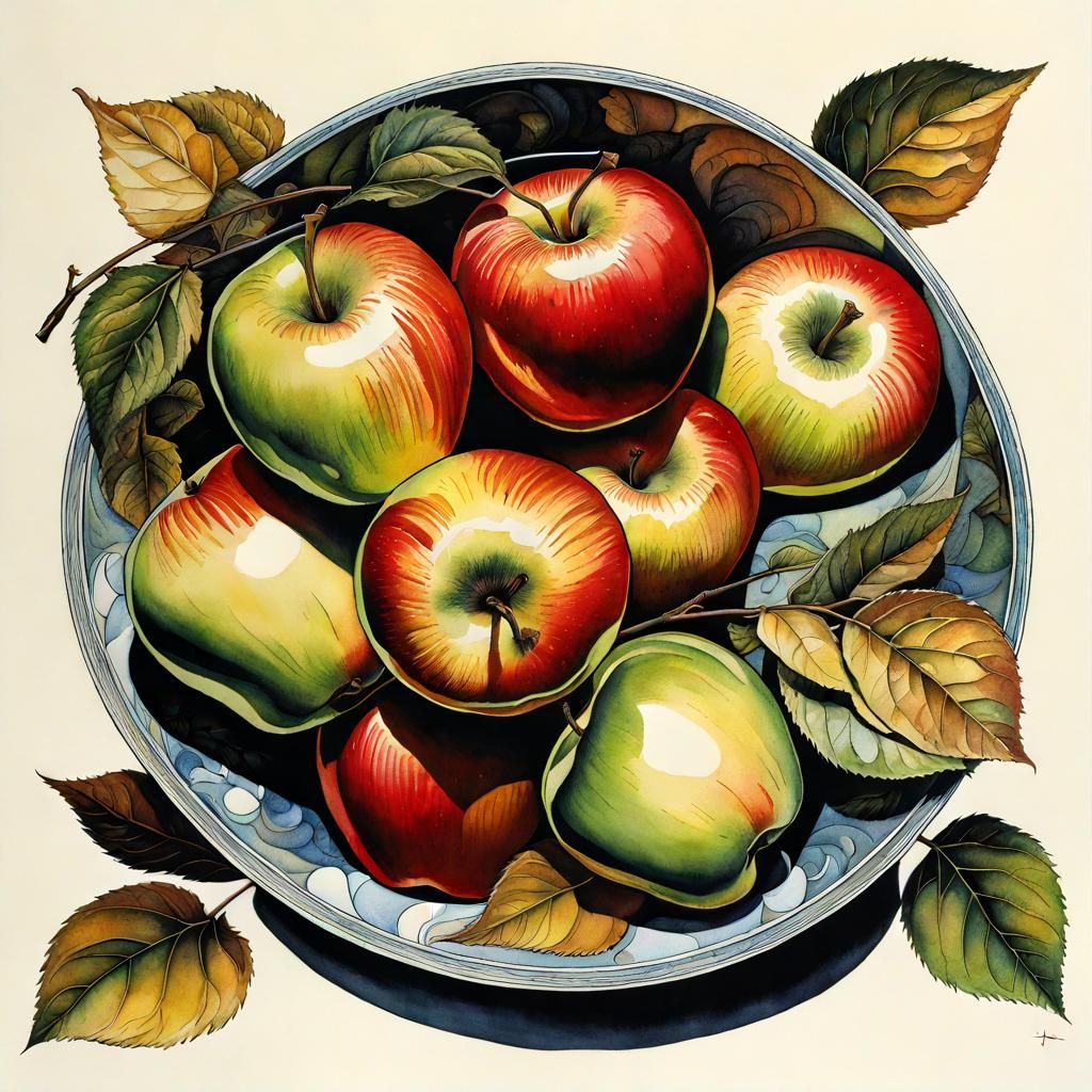 Apples and Fruit Bowl Ink Illustration