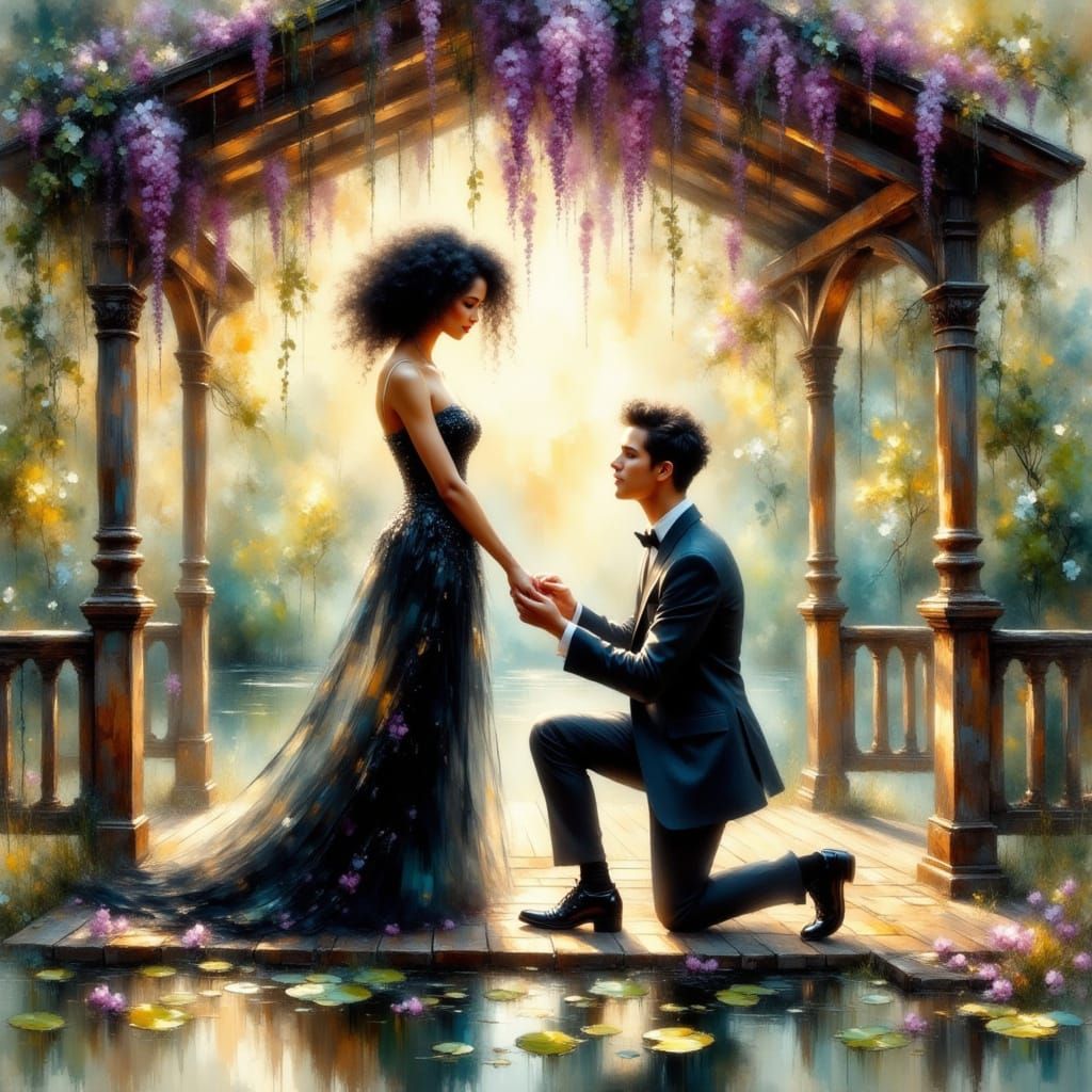 Romantic Proposal Scene in Impressionist Style