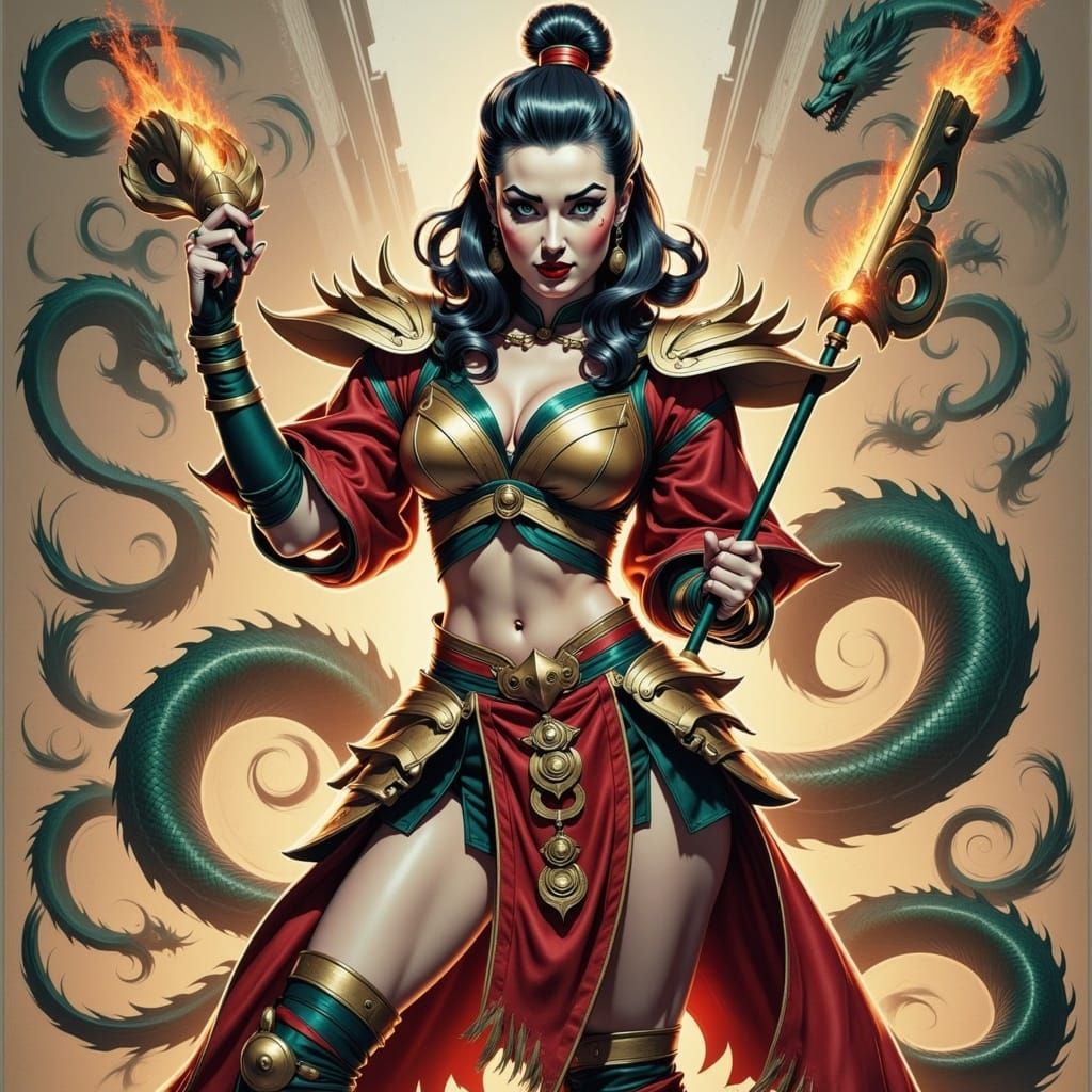 Chinese Superheroine with Dragon Spear in Anime Style