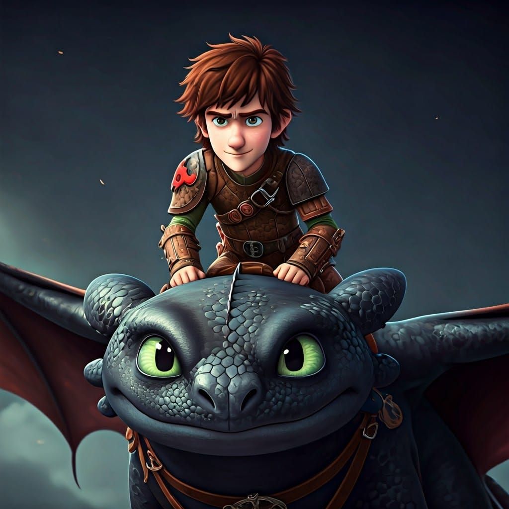 Young Hiccup Haddock Riding His Dragon in 3D Anime Art
