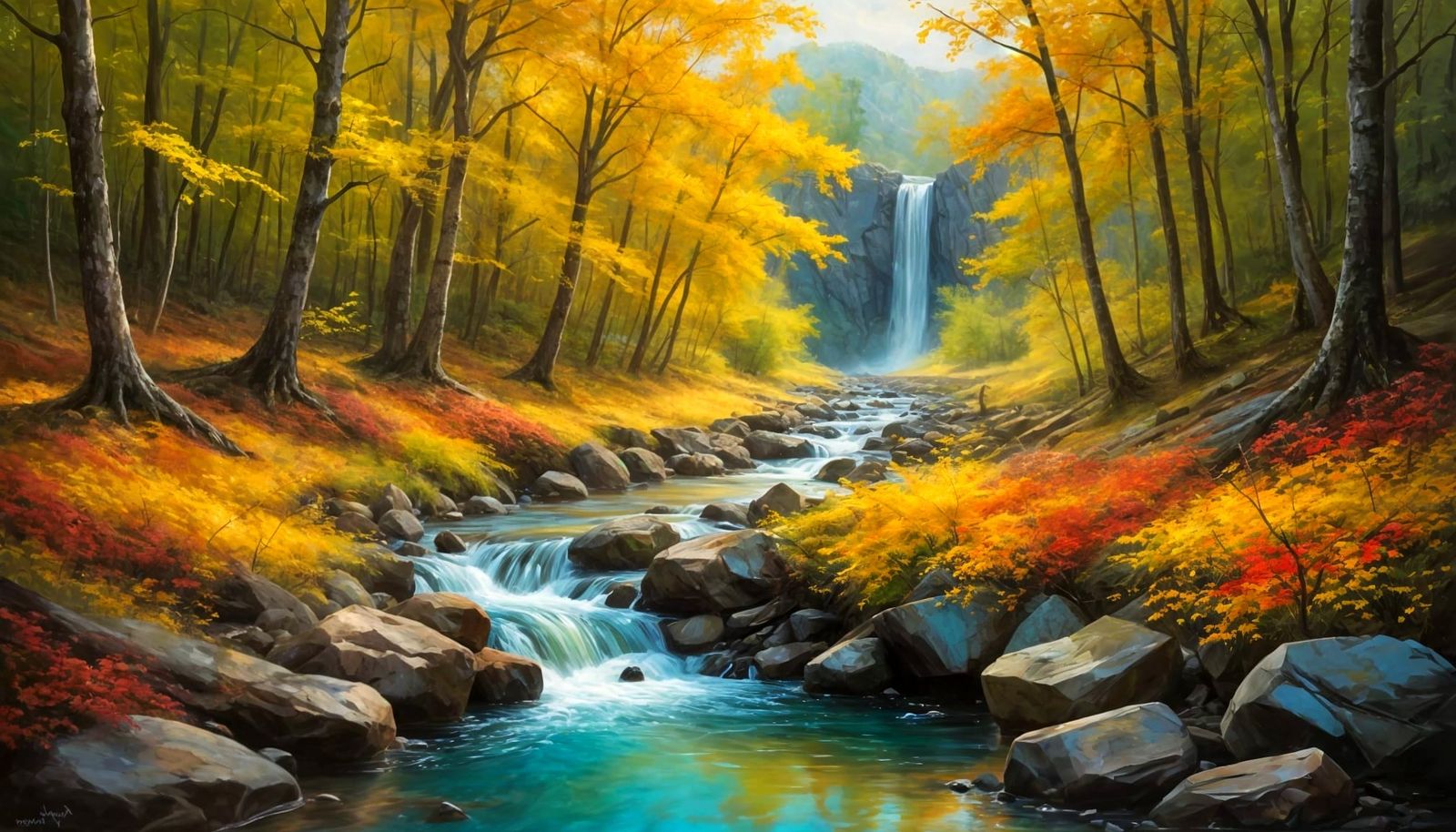 Expressive Valley Landscape with Cascading Waterfall