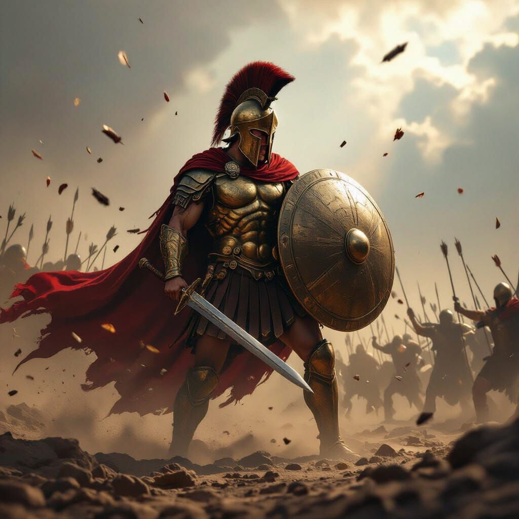 Stoic Spartan Warrior Defies Arrow Barrage