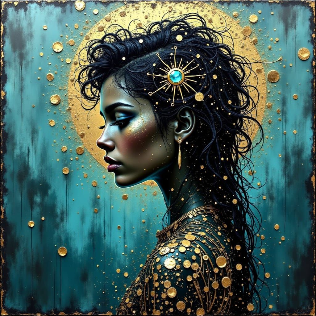 Ocean dark skin goddess, silver, teal and aqua hues, in Klimt style <lora:Ancient Gold:1.0>