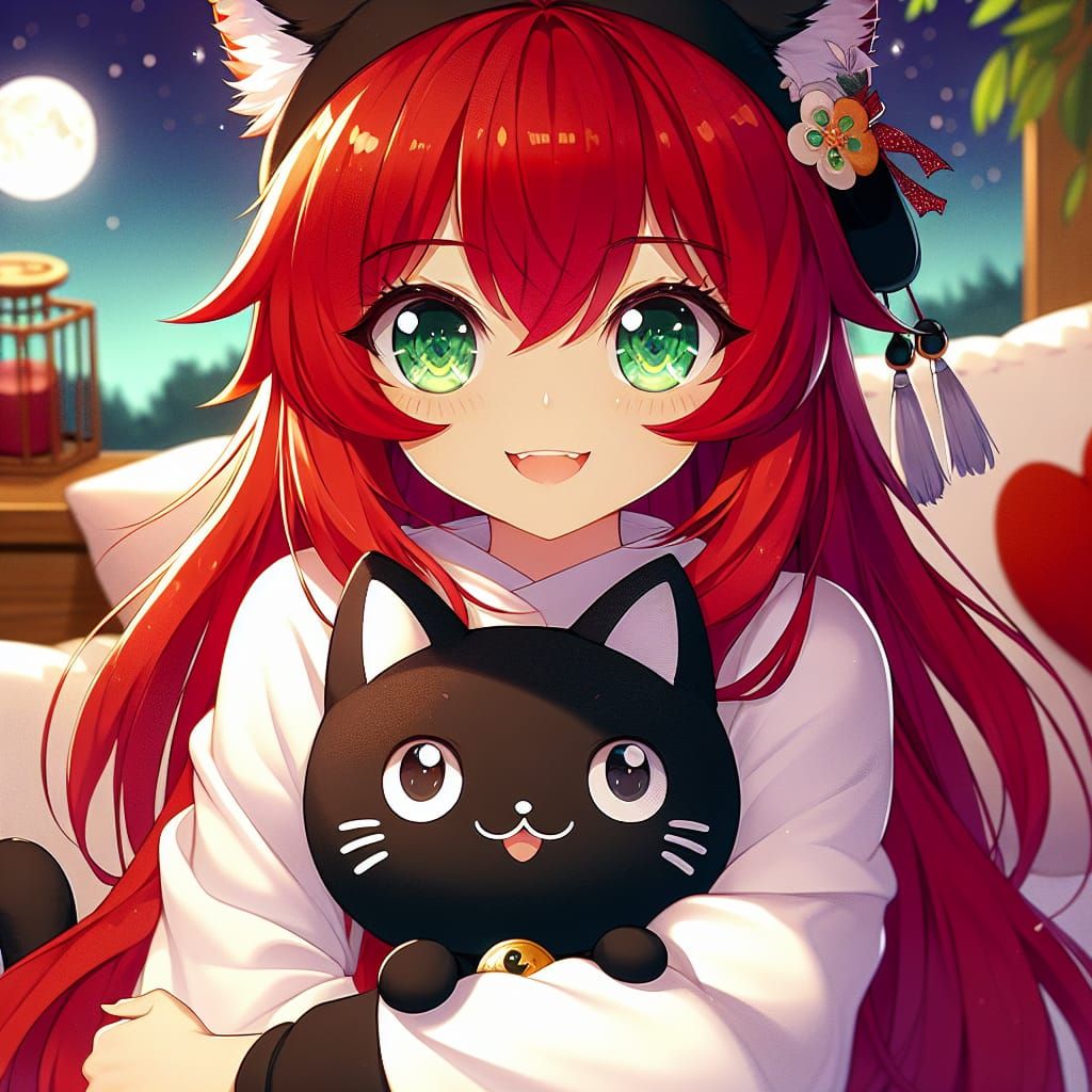 Anime Cat-Girl with Moon Rabbit in Kawaii Style