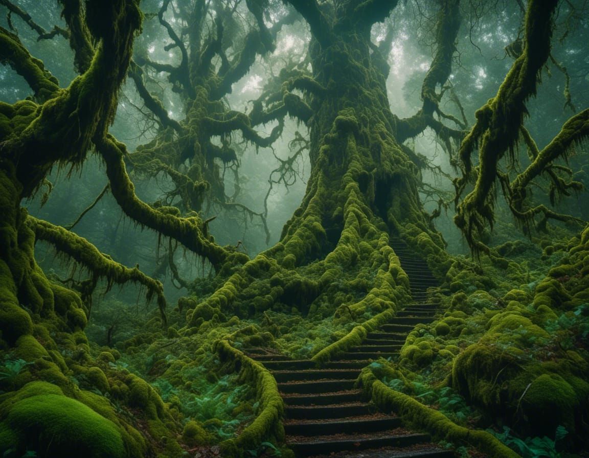 Lush Moss-Covered Forest Path in Pacific Northwest