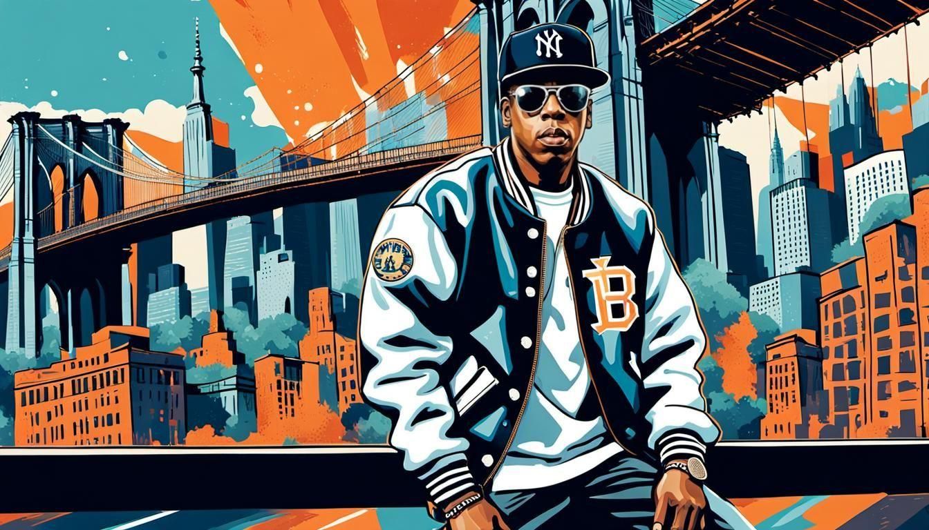 Jay-Z Skateboarding by Brooklyn Bridge in Abstract Art Style