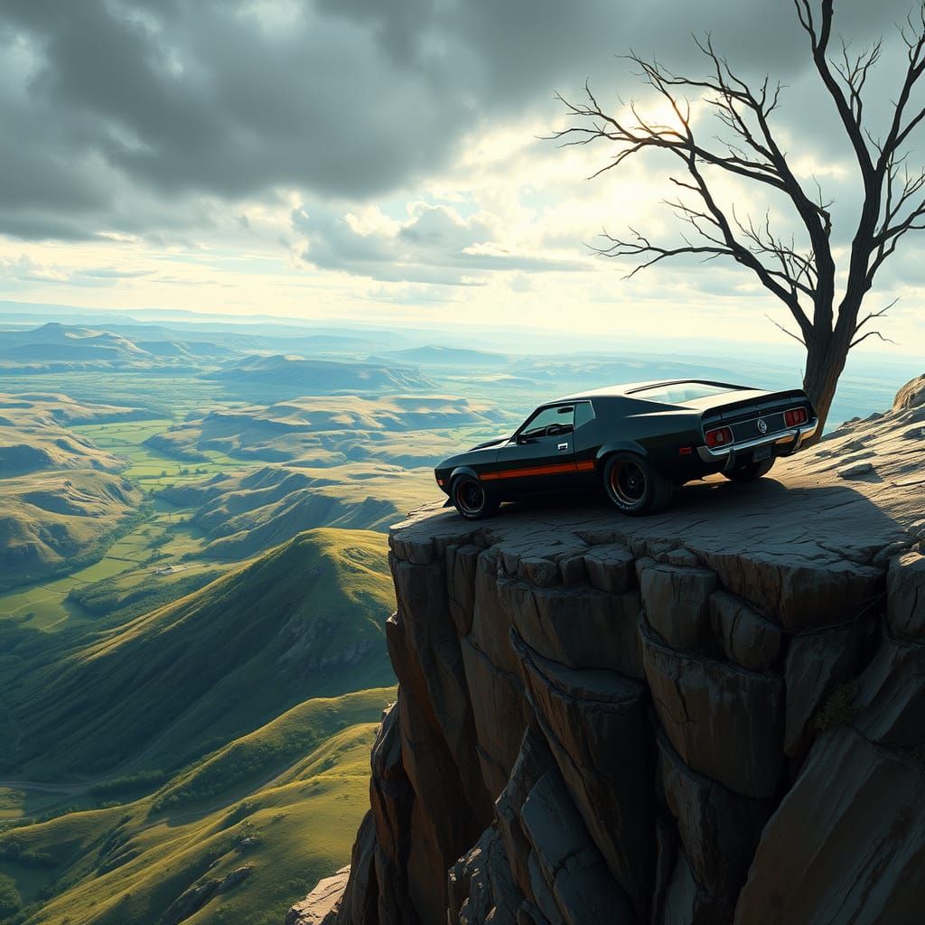1973 Ford Mustang Boss on Windswept Cliff