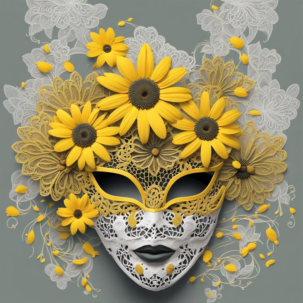 Lace Mask with Yellow Daisies: Abstract Art