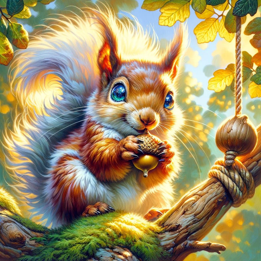 Squirrel in Tree with Acorn, Gouache Candyland Style
