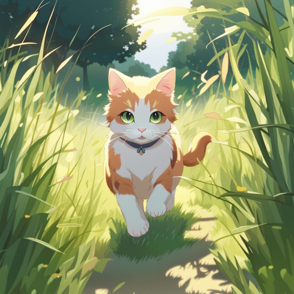 Anime Cat Walking in Grassy Field