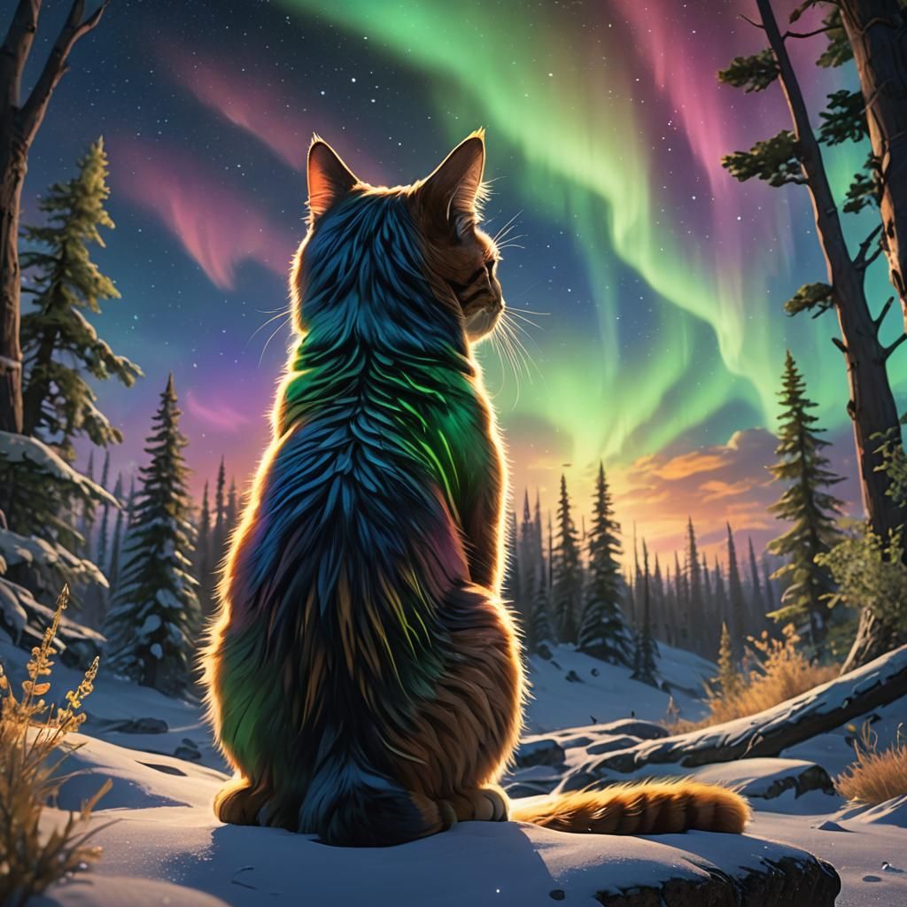 Cat Gazing at Aurora: Fantastical Wildlife Concept Art