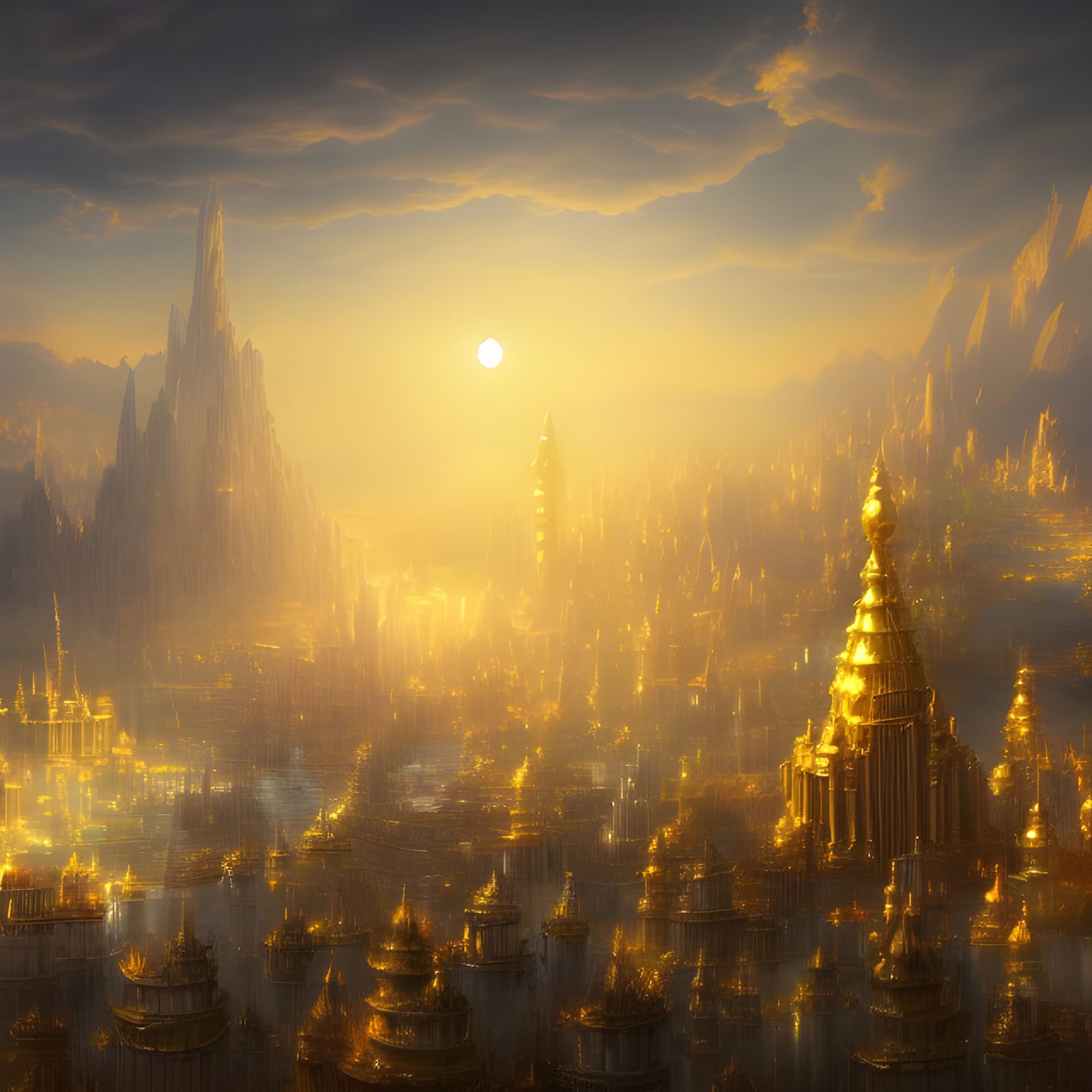 Fantasy Golden City Floating in Sky, Concept Art
