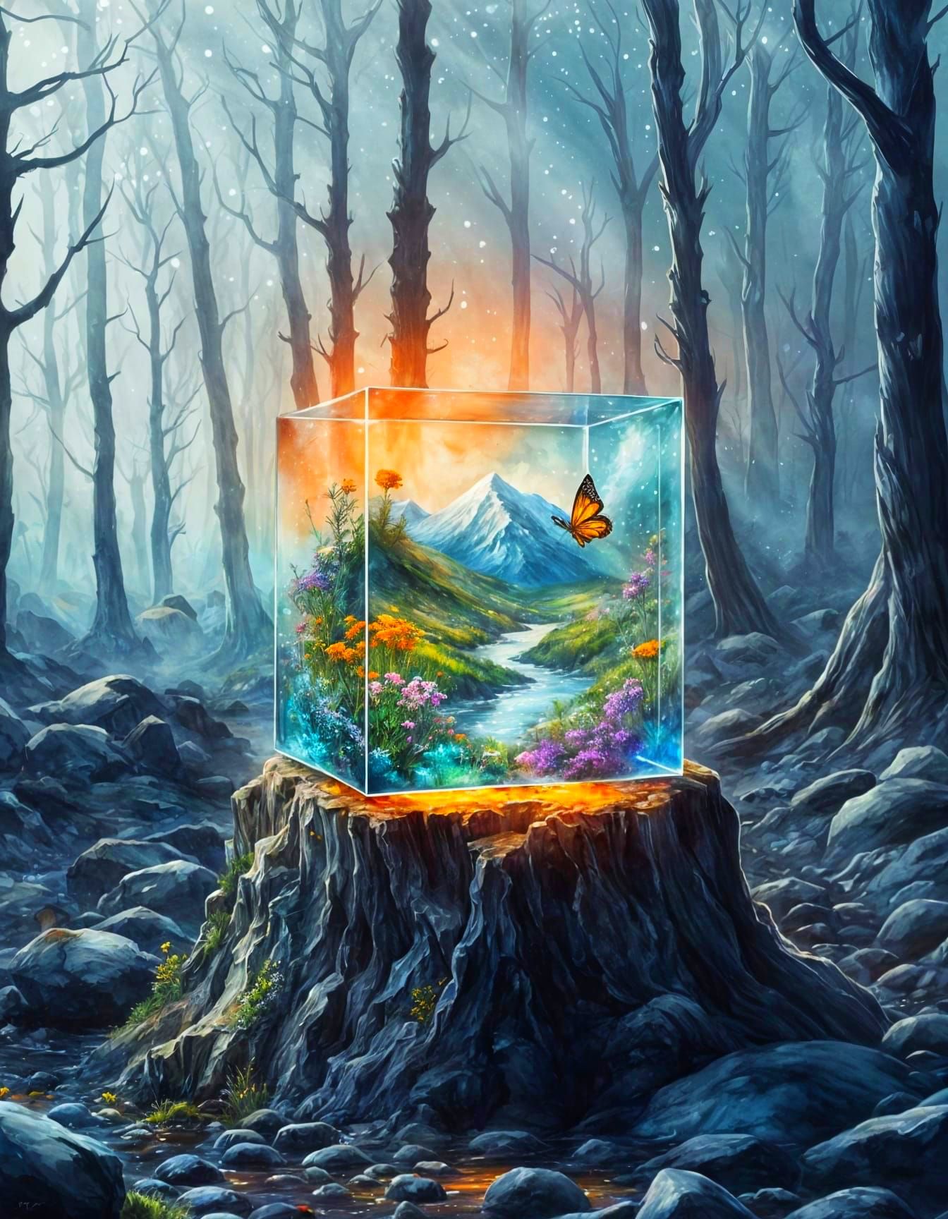 Enchanted Galaxy Glass Cube in a Mystical Forest