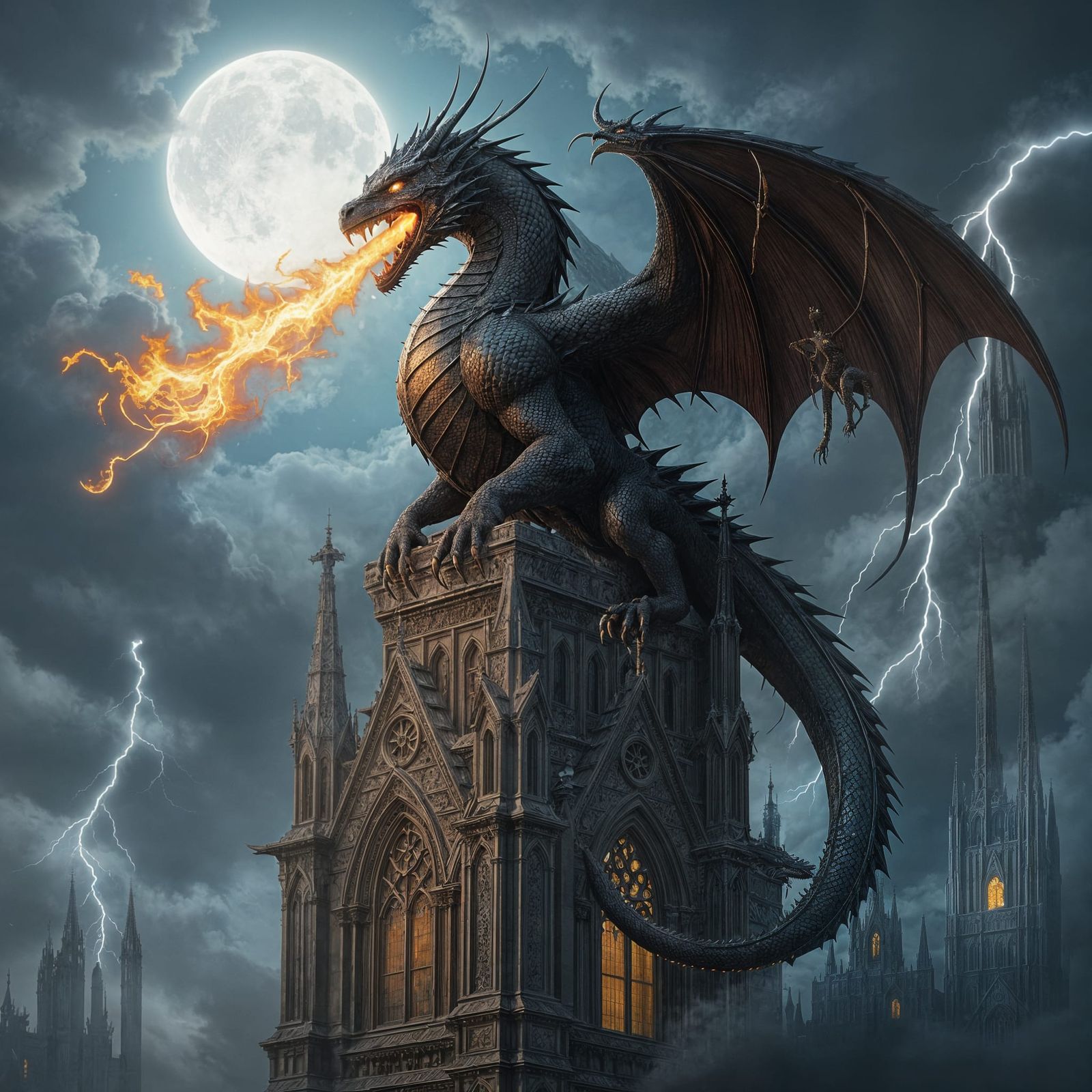 Dragon on Gothic Cathedral in Dark Fantasy Style