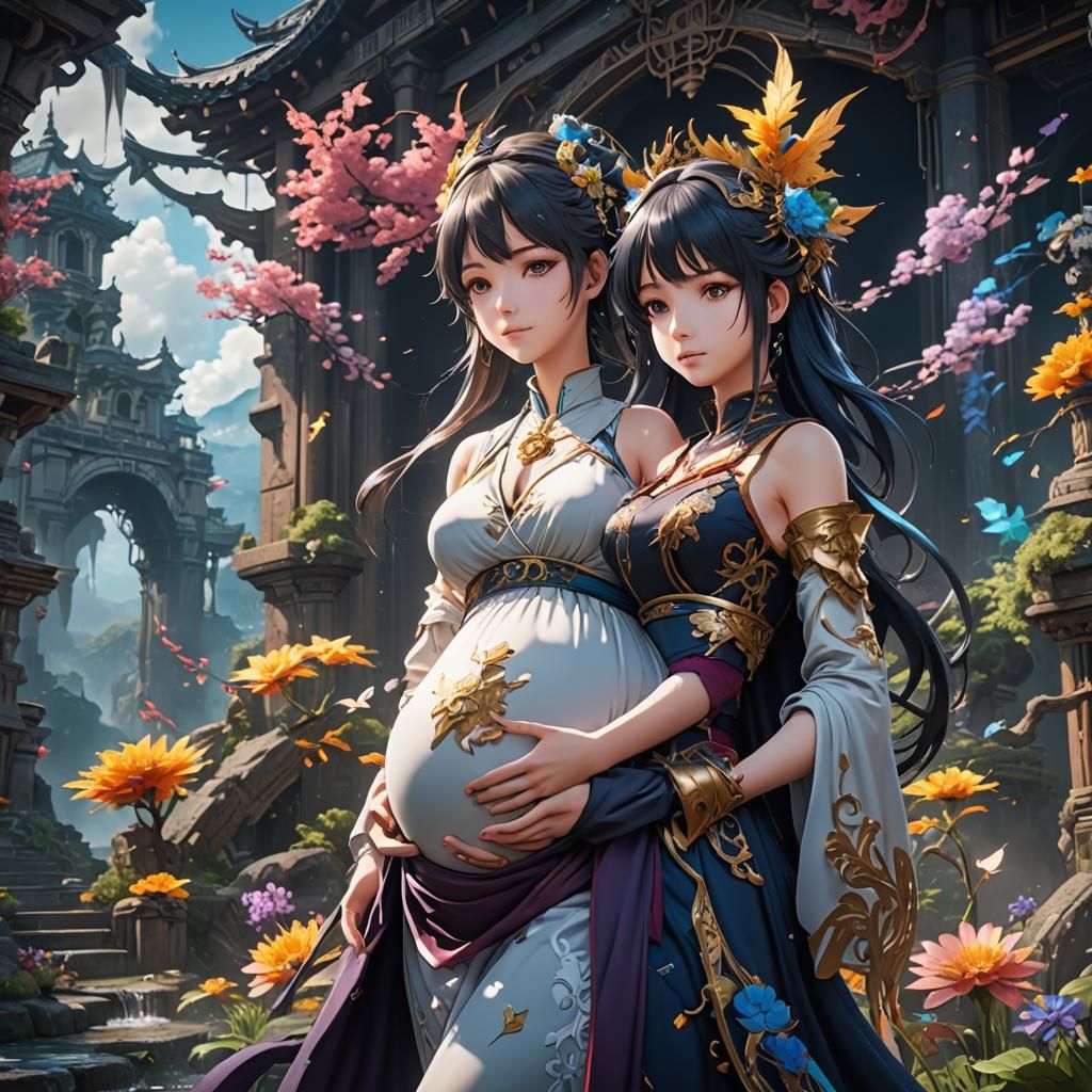 Anime Pregnant Woman with Twins: Detailed Fantasy Art