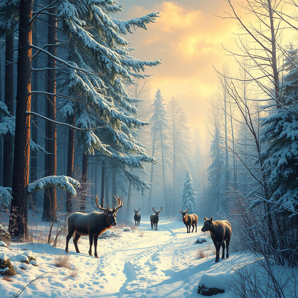 Vivid Winter Forest Scene with Animals