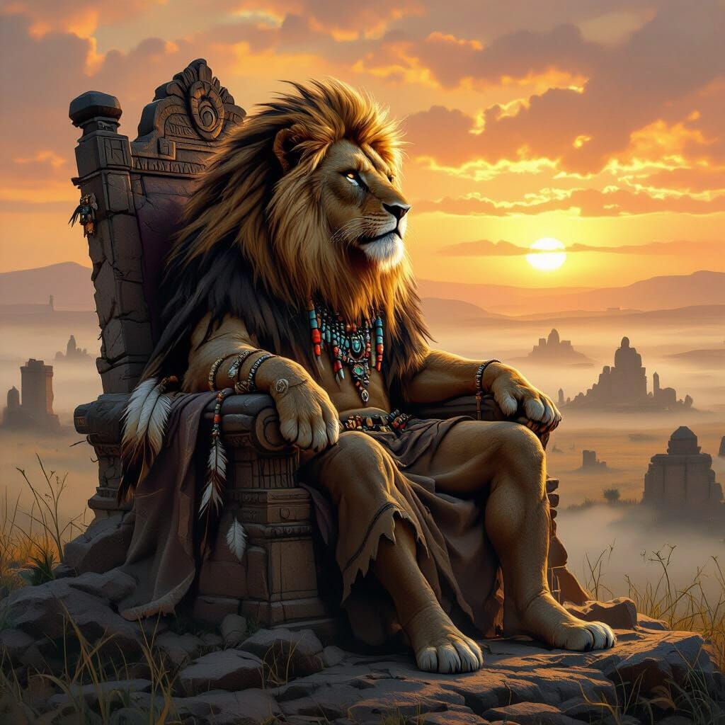 Lion King on Savannah Throne in Dark Fantasy Style