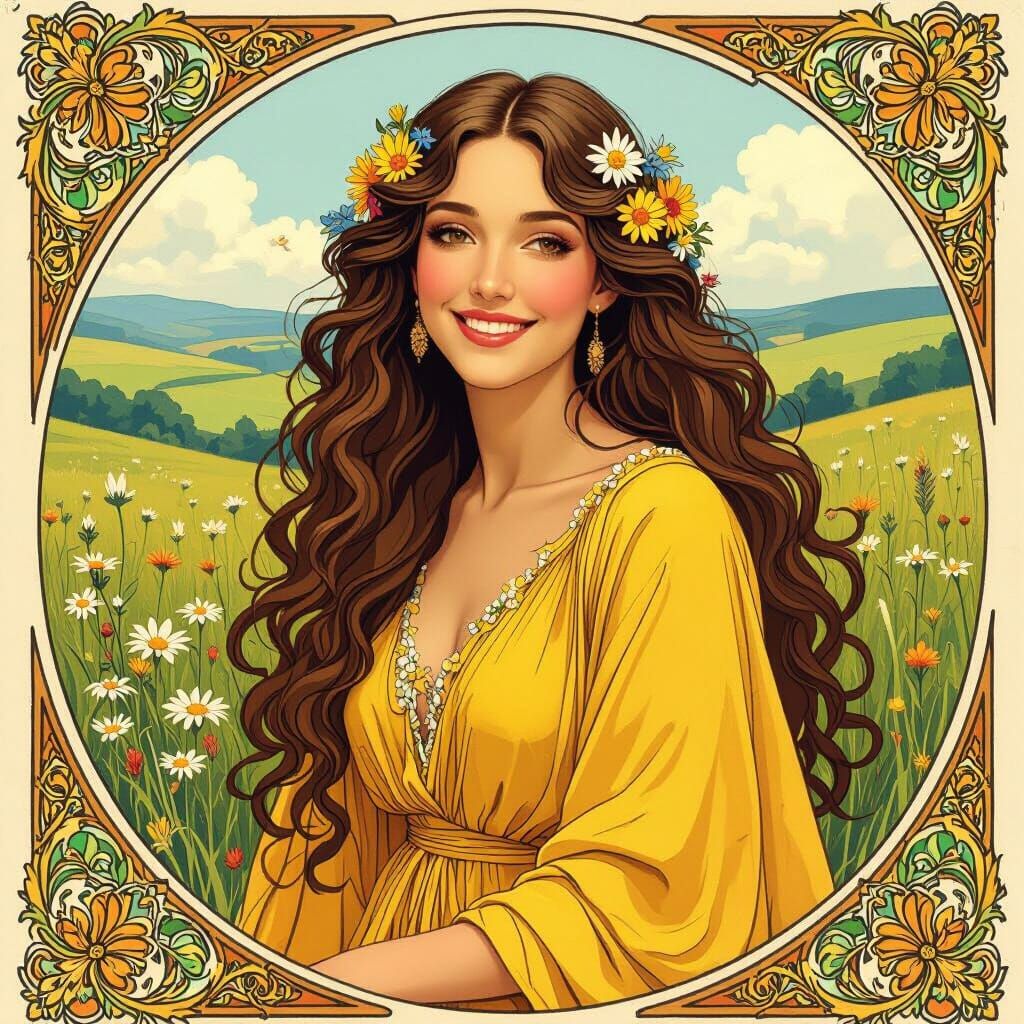 Art Nouveau Portrait of Woman with Wildflowers