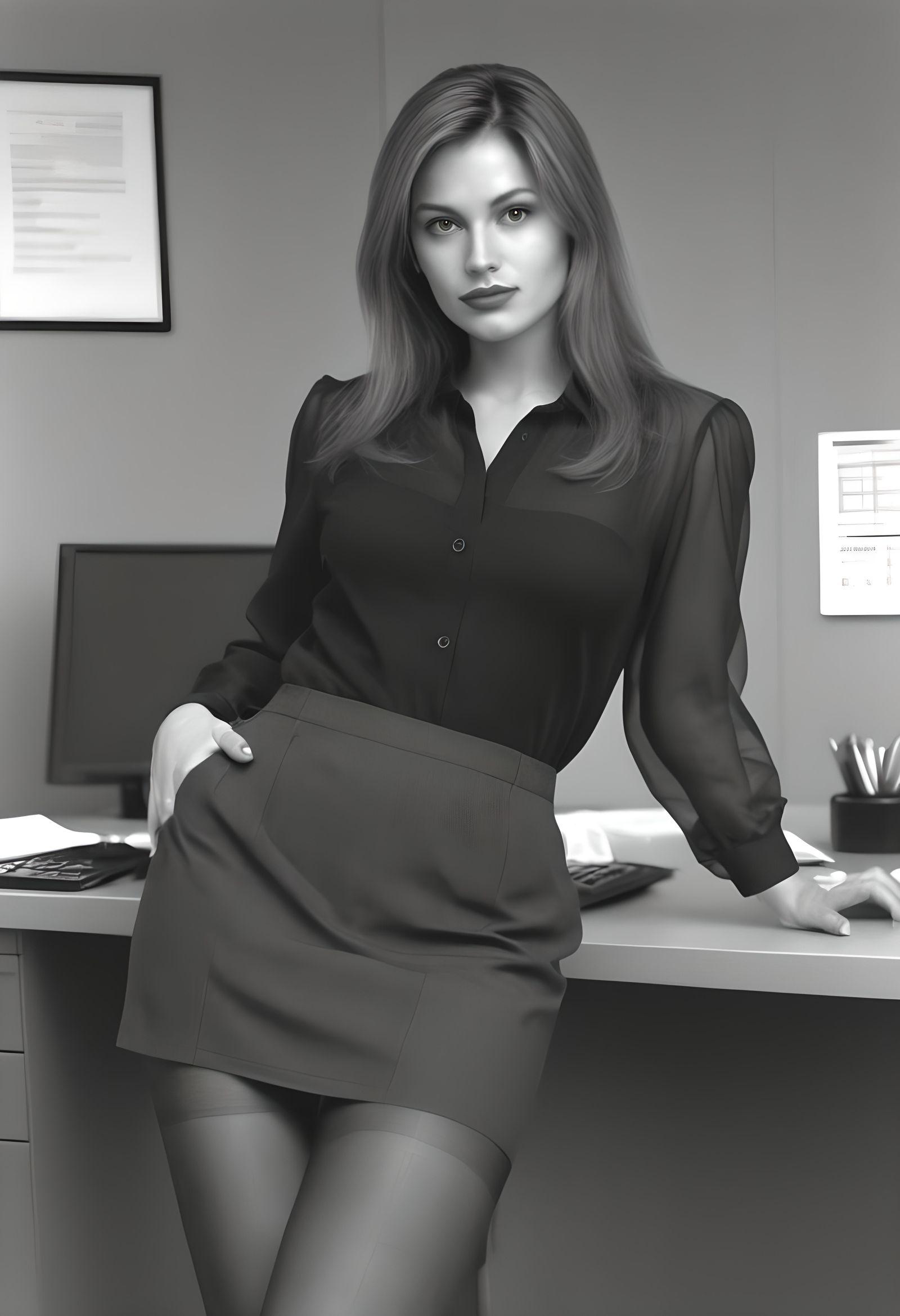 Pencil Sketch of a Woman in 1990s Office
