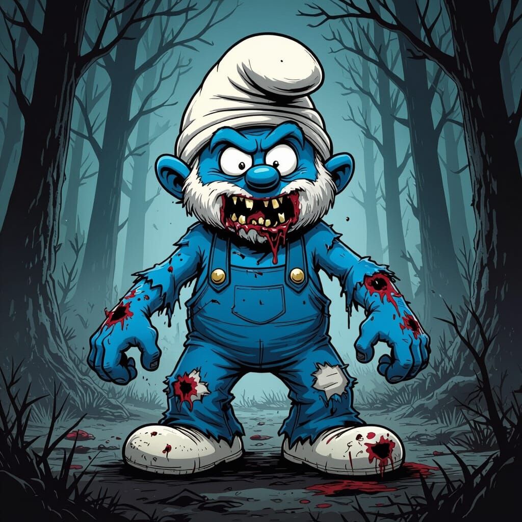 Zombie Papa Smurf in Dark Horror Comic Style