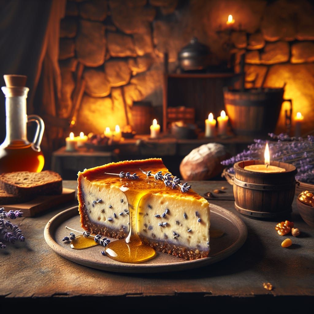 Honey Lavender Cheesecake in Medieval Banquet Setting