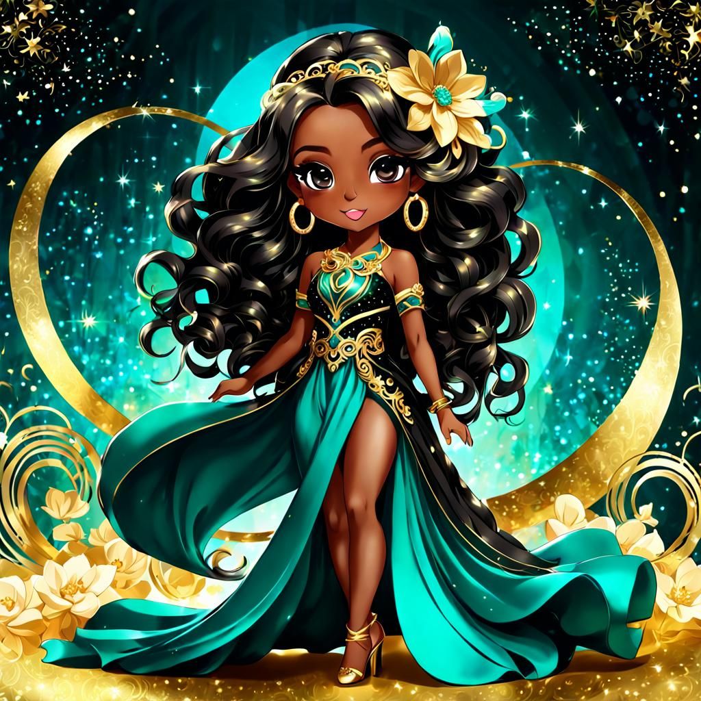 Glamorous Chibi Manga Woman in Elegant Gown