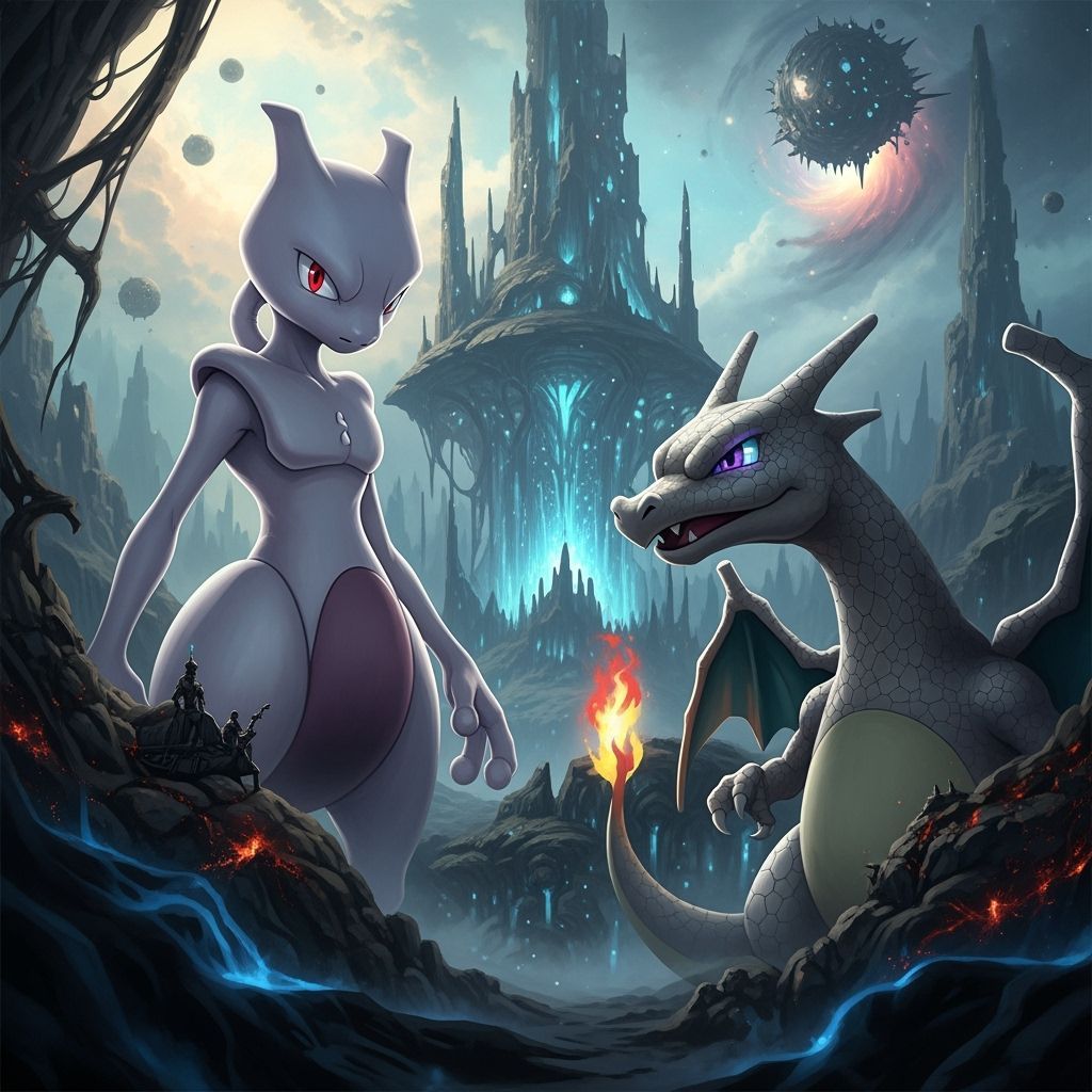 Mewtwo and Charizard in Fantasy Matte Painting
