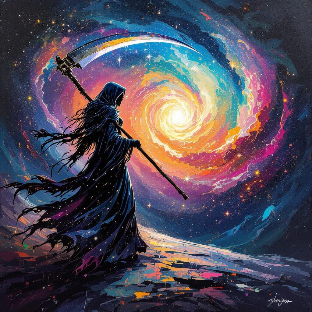 Cosmic Reaper Walking Towards Galaxy in Graffiti Art Style
