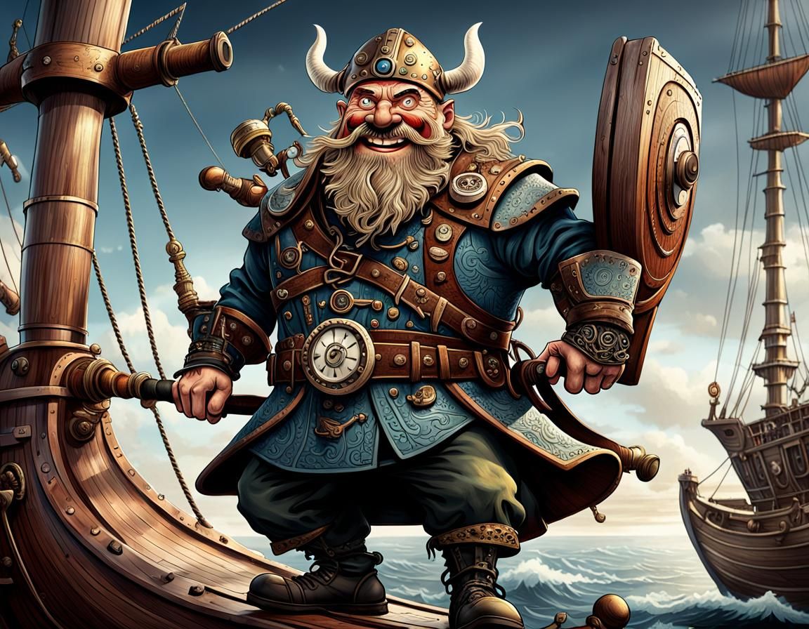 Humorous Steampunk Viking Caricature on Longship