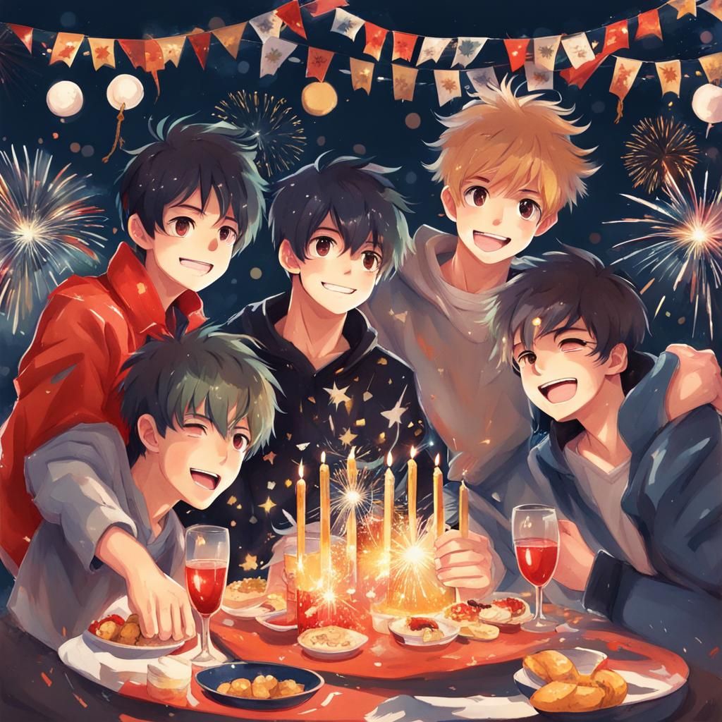 Anime Boys Celebrate New Year's Eve: Gouache Painting