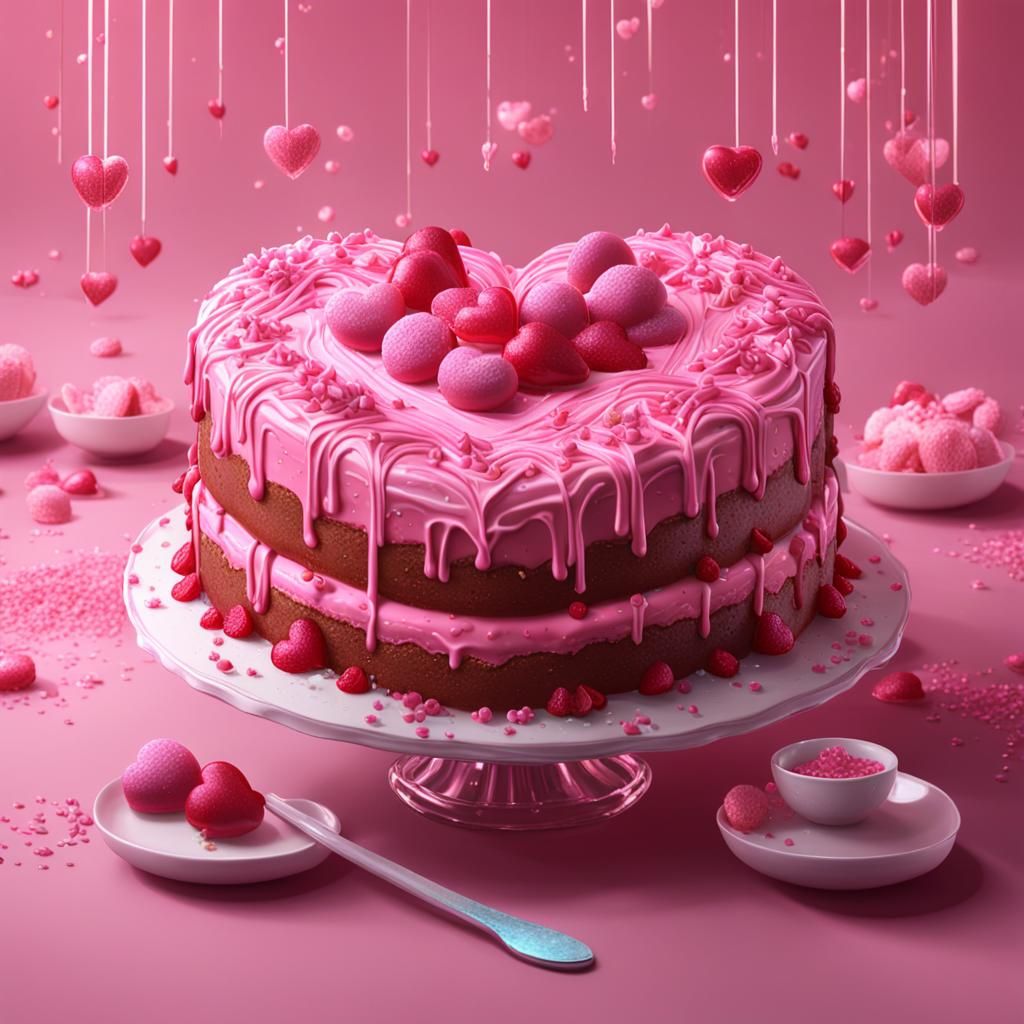 Pink Heart Tteok Cake in Detailed Matte Painting