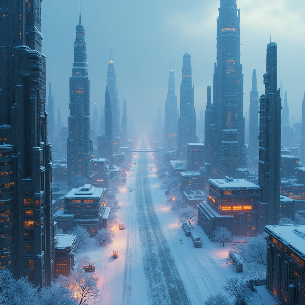 Snowy Futuristic Metropolis in Retro-Futuristic Style