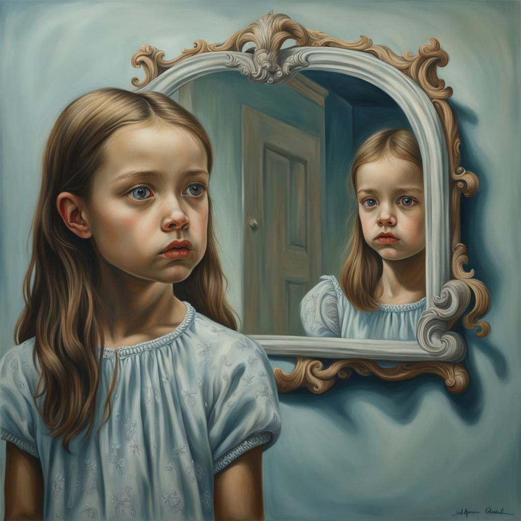 Surreal Girl Absorbed in Mirror Reflection